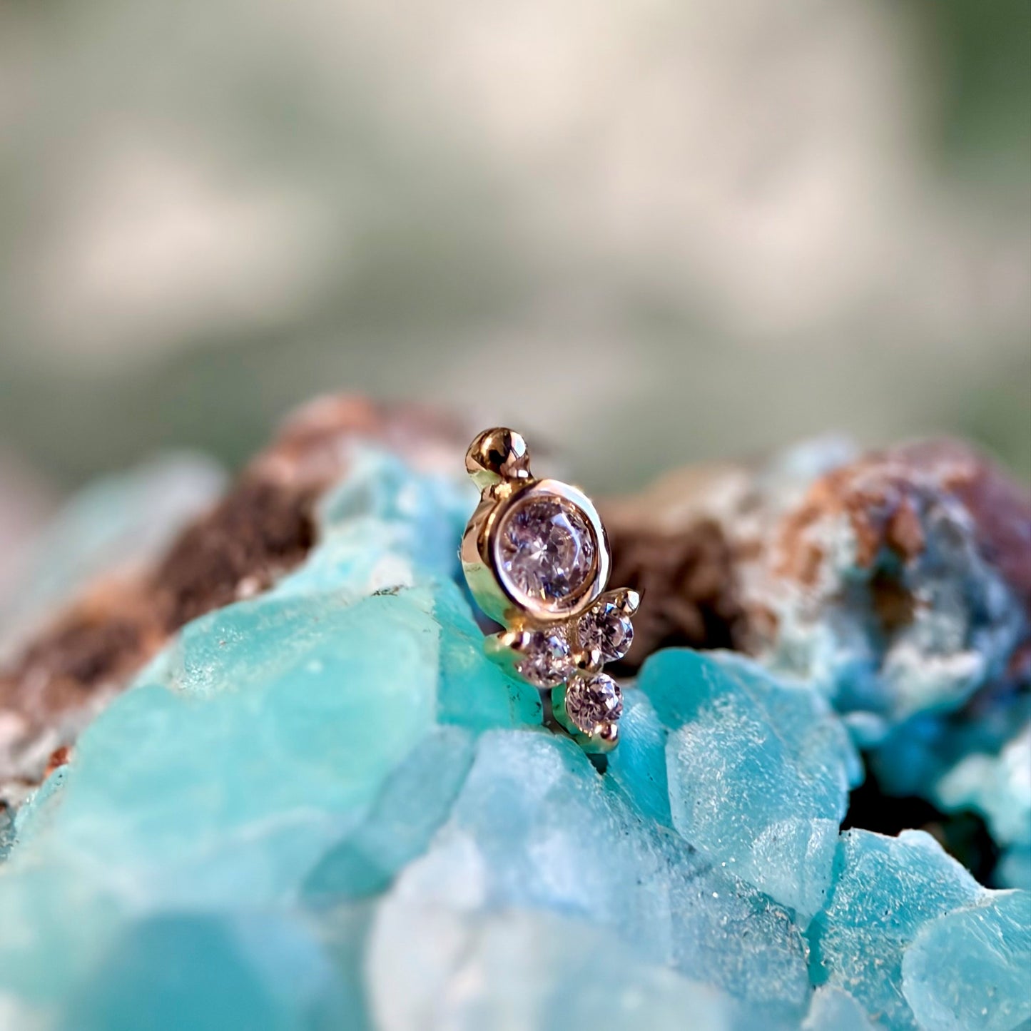 14K Gold Threadless Jeweled Top - Bead Bezel Trinity