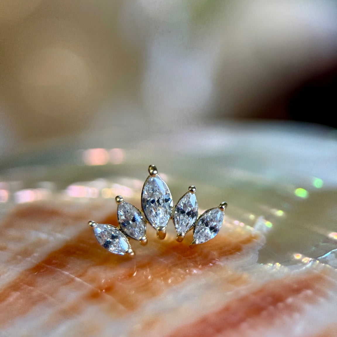 14K Gold Threadless Top - Marquise Fan Gem Cluster