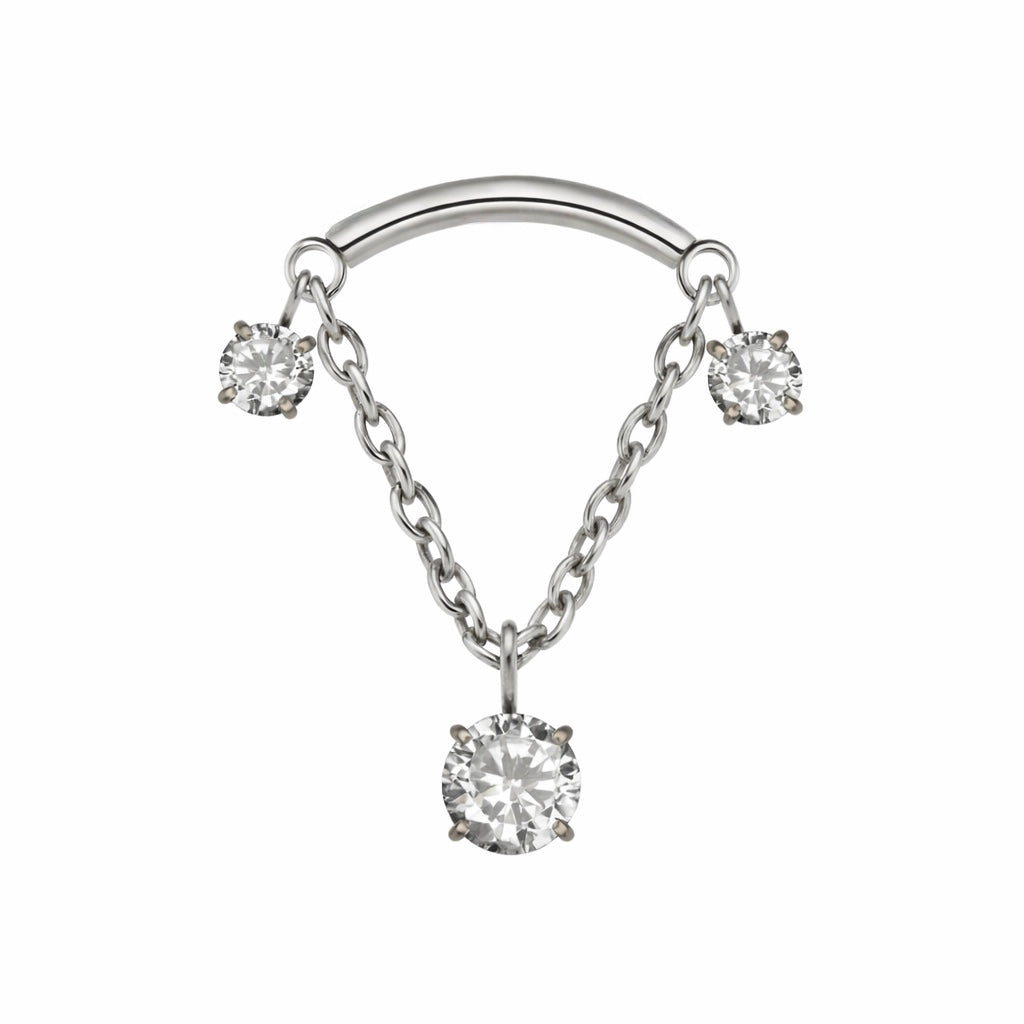 Titanium Threadless Hidden Helix Curved Bar Top with Chain Dangle 3 Prong Gem