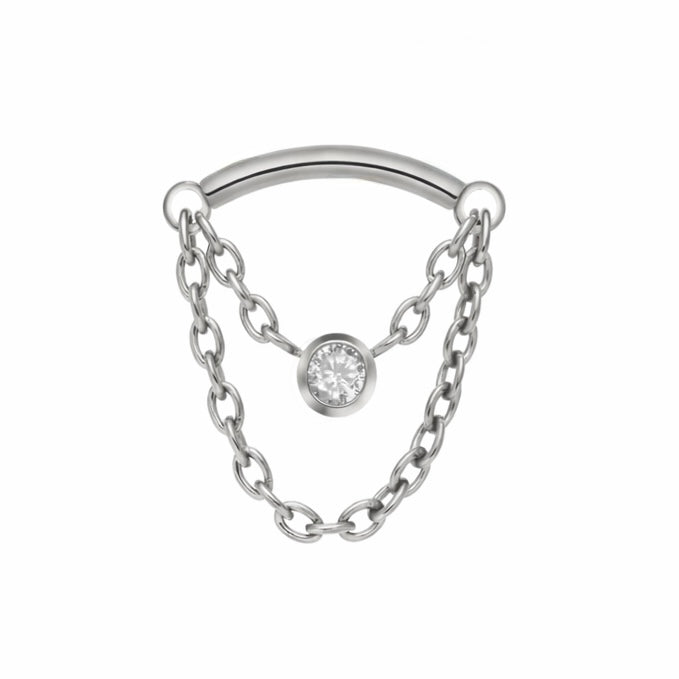 Titanium Threadless Hidden Helix Curved Bar Top with 2 Chain Dangle Middle Gem