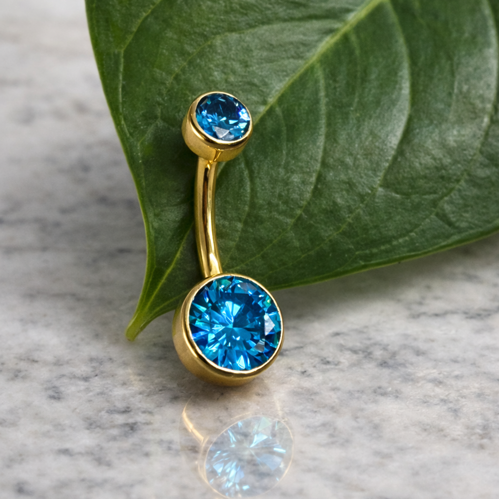 14G Gold Titanium Internally Threaded Double Jeweled Curved Barbell