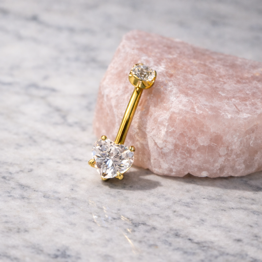 14G Gold Titanium Internally Threaded Jeweled Prong Heart Curved Barbell